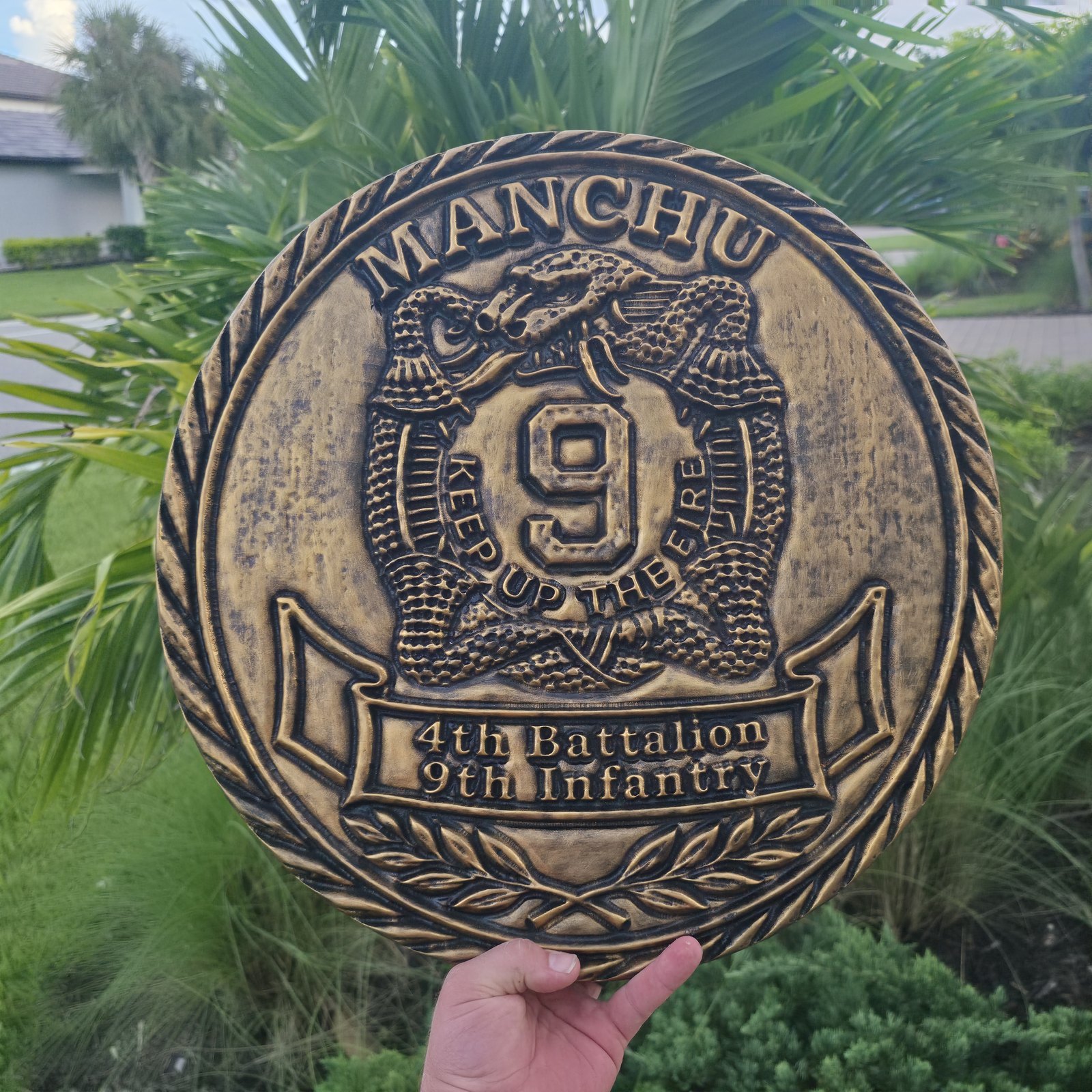 3D-carved military unit medallion in aged bronze finish